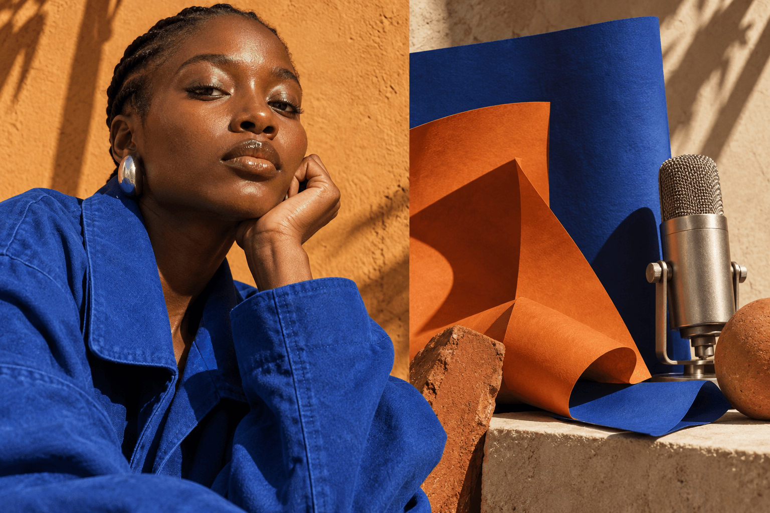 Editorial concept combining a creator portrait in cobalt blue with sculptural paper and a studio microphone.