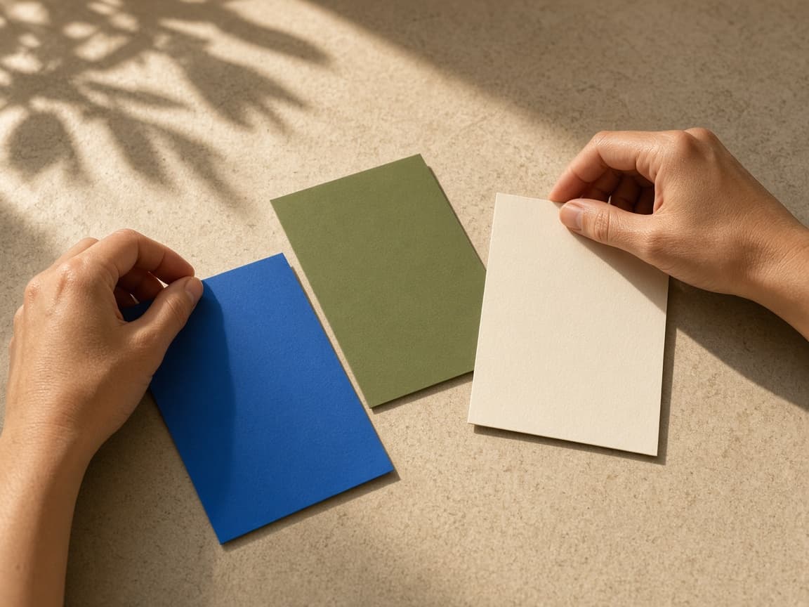 Hands arranging blank cobalt, olive, and cream paper cards.