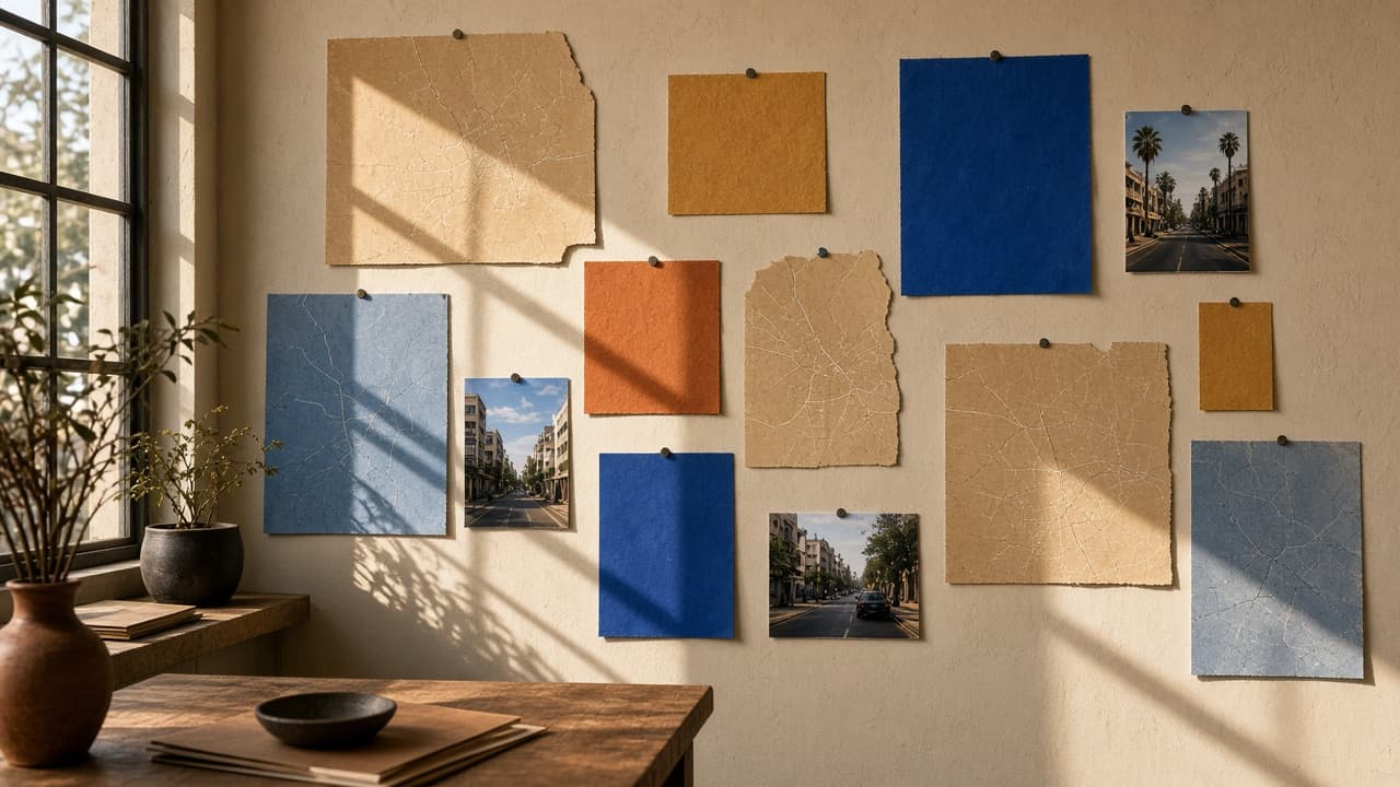 A studio wall of paper maps, color sheets, and street photographs.