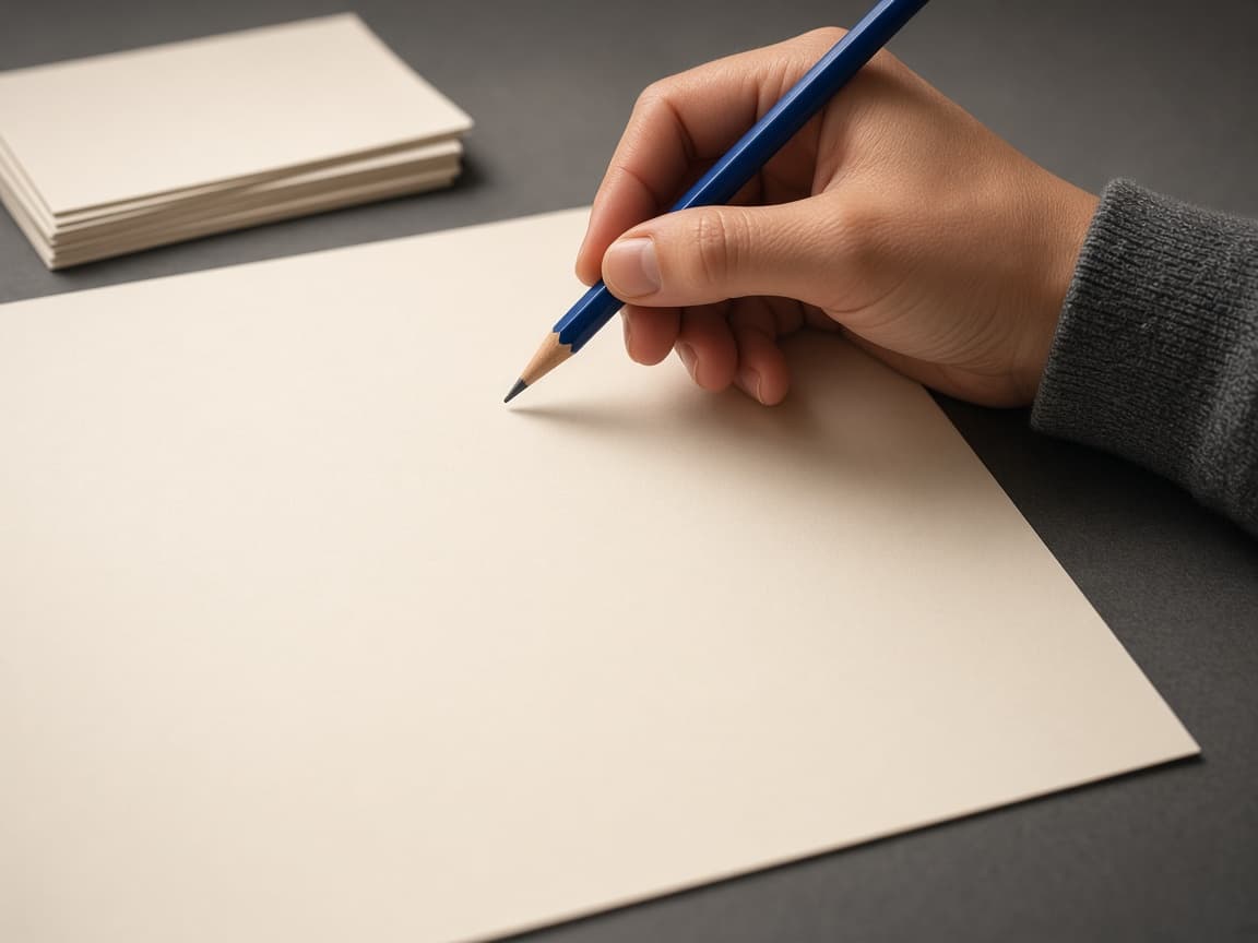A hand marking a blank page with a cobalt pencil.