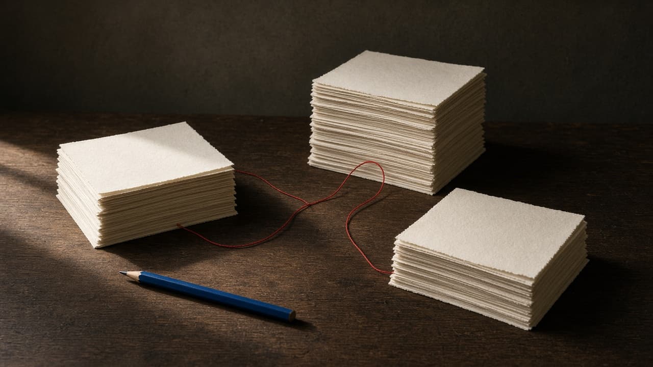 Three stacks of paper on a desk, joined by a red thread, with a cobalt pencil.