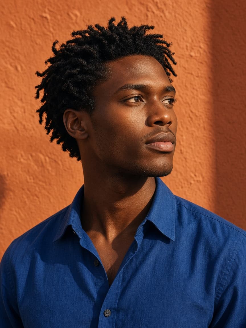 A studio portrait against a clay wall, used as photo direction.