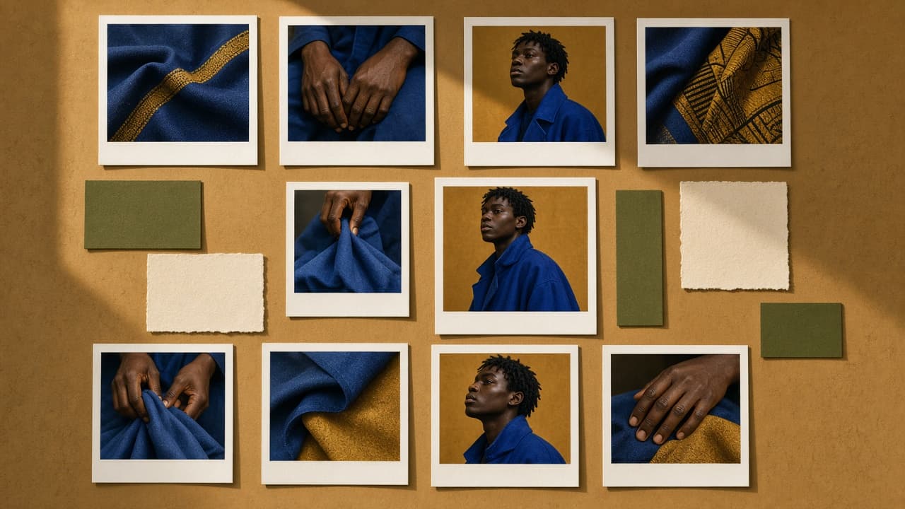 Unlabelled photographs and paper swatches pinned on a direction wall.