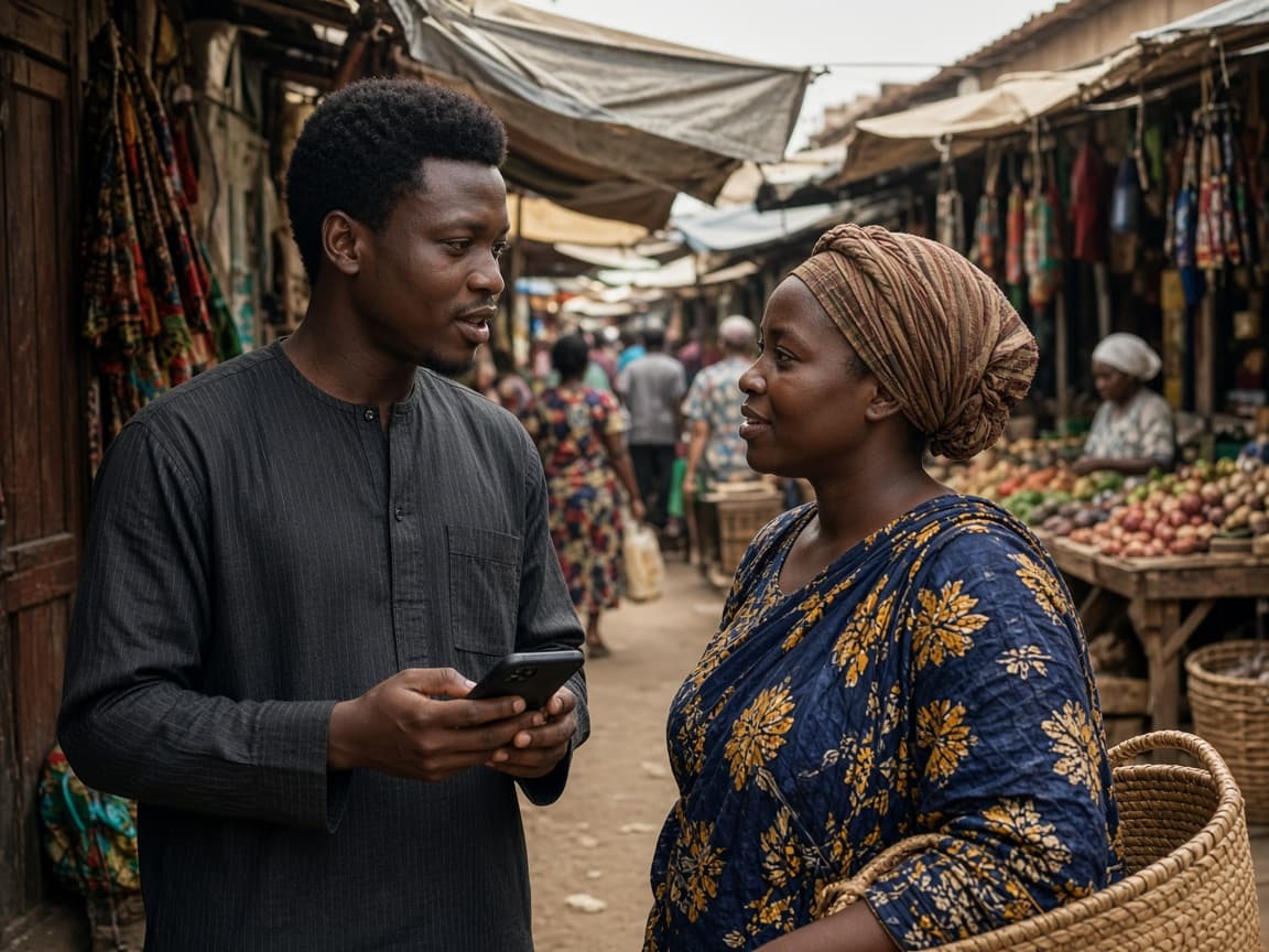 A person with a phone talking with someone on a market street.
