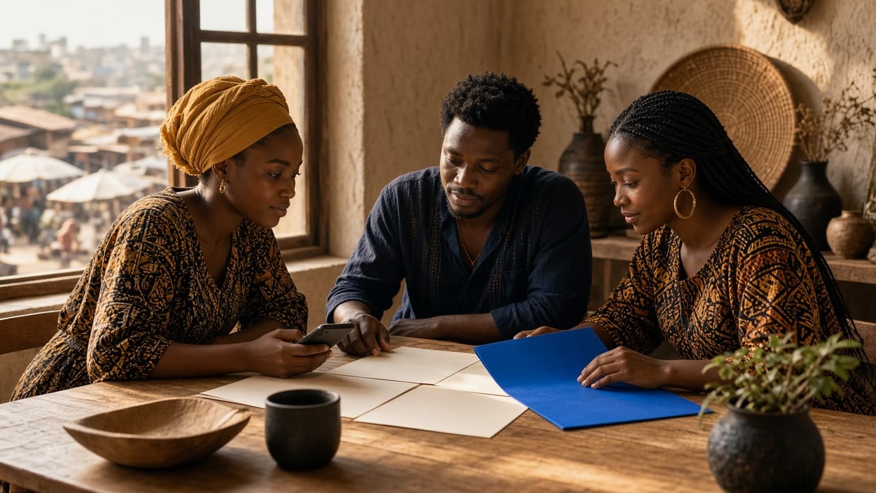 Three people at a wooden table reviewing blank sheets beside a window.