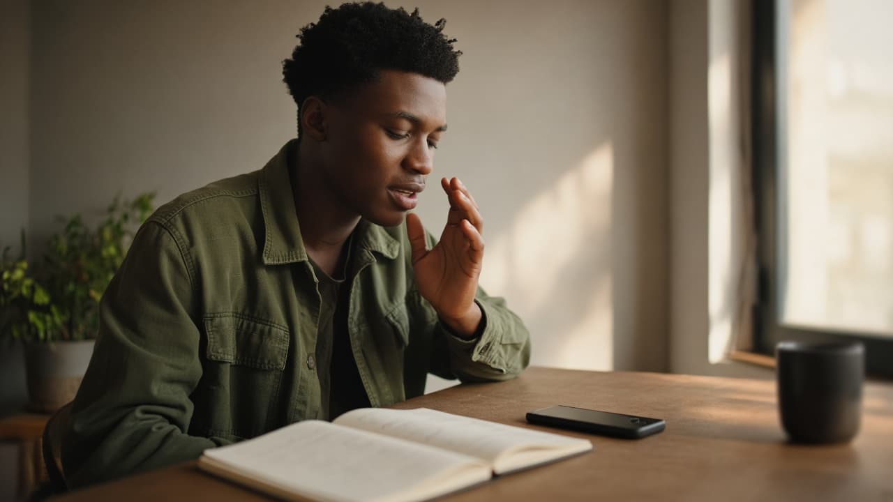 A person at a desk practicing a voice note, with a notebook and a phone face down.