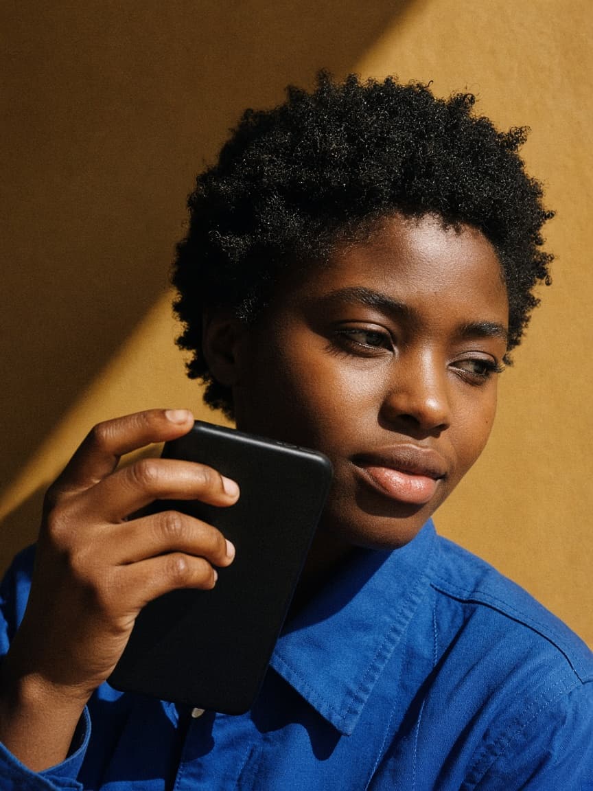 A person recording a voice note on a phone against an ochre wall.
