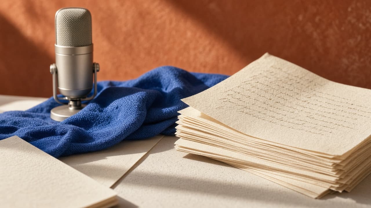 A studio microphone beside a stack of script pages and cobalt cloth.